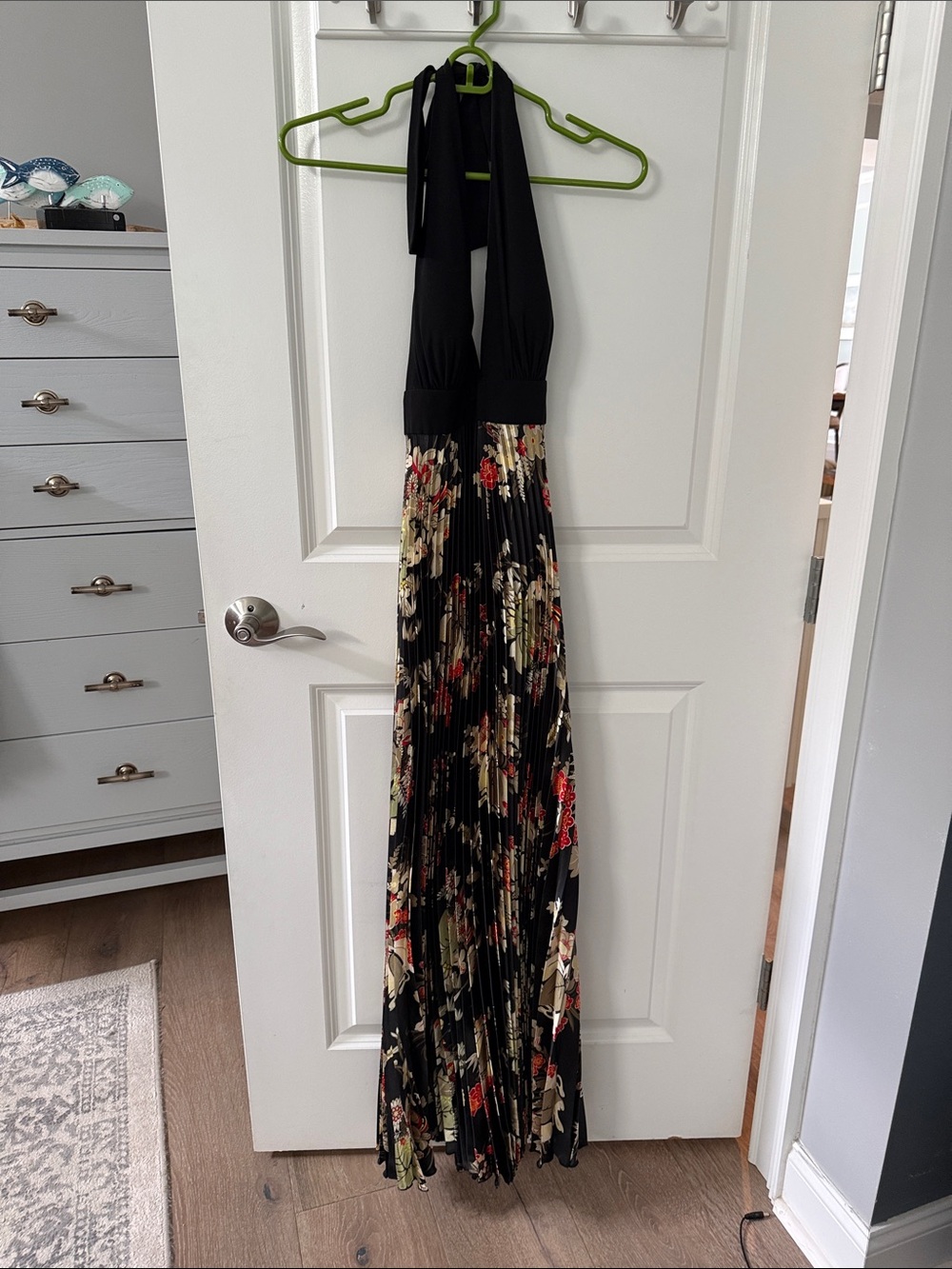 Betsy & Adam Black Floral Halter Pleated Maxi Dress
